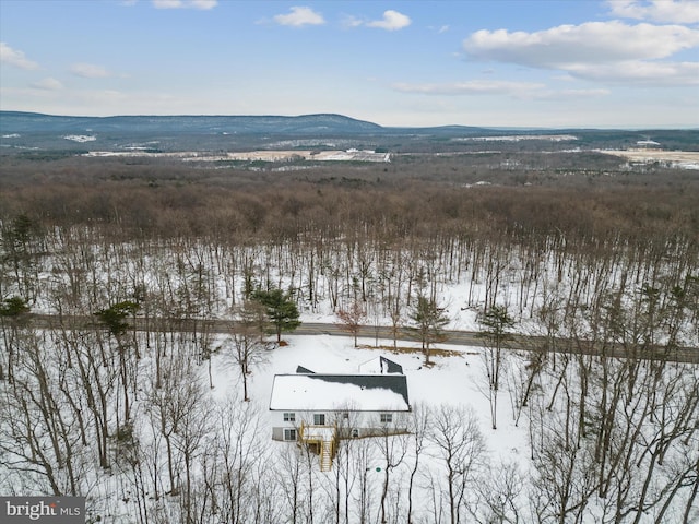 snowy aerial view featuring a mountain view