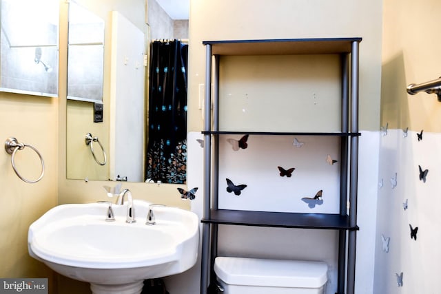 bathroom with a shower with shower curtain, toilet, and sink