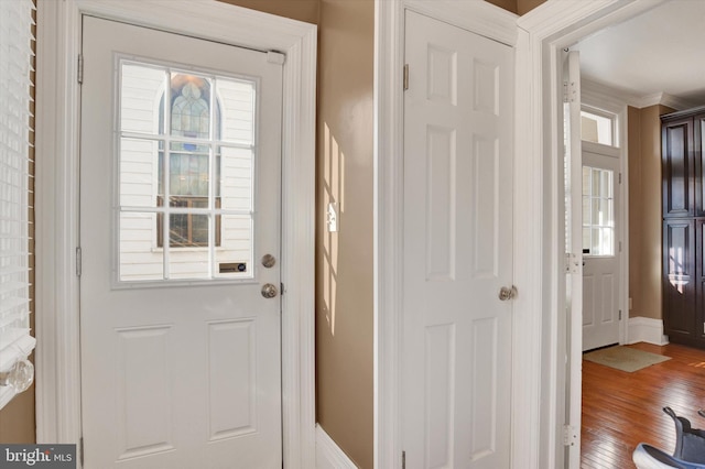 entryway featuring plenty of natural light, crown molding, and hardwood / wood-style floors