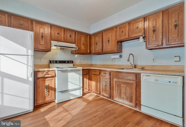 kitchen with sink, light hardwood / wood-style floors, and white appliances