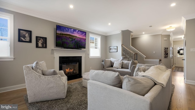 living room featuring hardwood / wood-style floors and crown molding