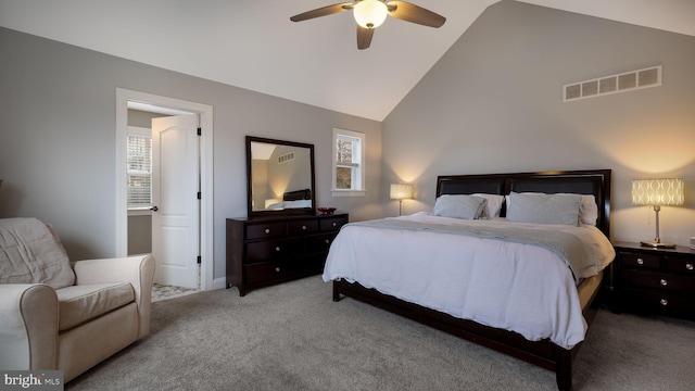 bedroom featuring carpet flooring, ceiling fan, and lofted ceiling