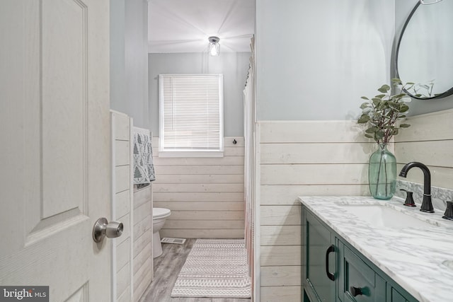 bathroom with toilet, hardwood / wood-style flooring, and vanity