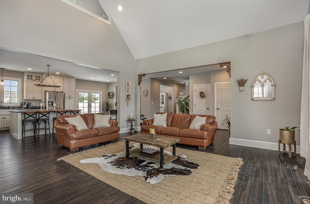 living room with dark hardwood / wood-style flooring and high vaulted ceiling