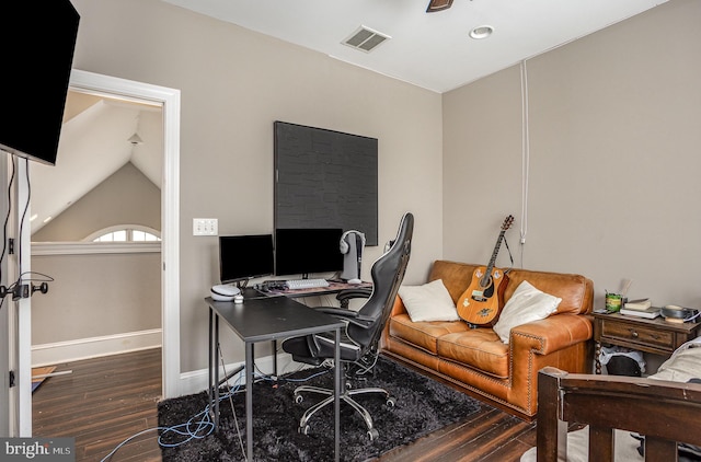 office space with dark wood-type flooring and lofted ceiling