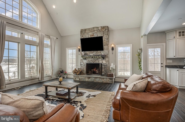 living room with a fireplace, high vaulted ceiling, and dark wood-type flooring