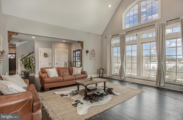 living room featuring dark wood-type flooring and high vaulted ceiling