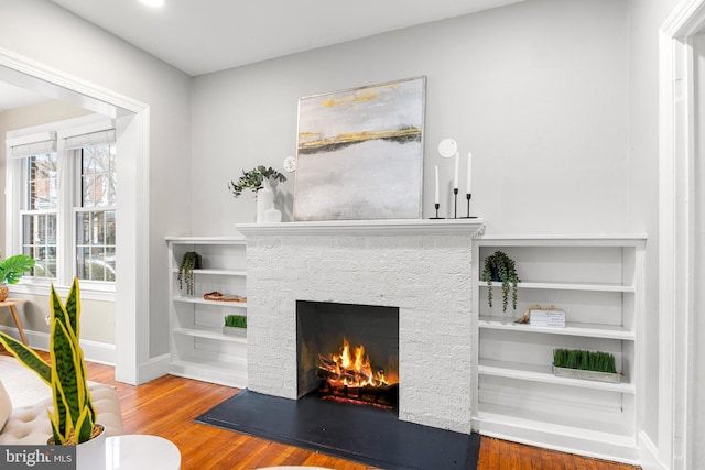 living room with a fireplace and hardwood / wood-style floors