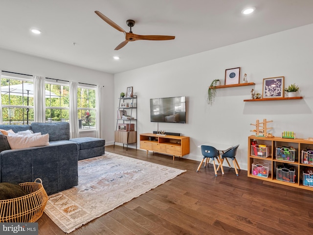 living room featuring ceiling fan and dark hardwood / wood-style flooring