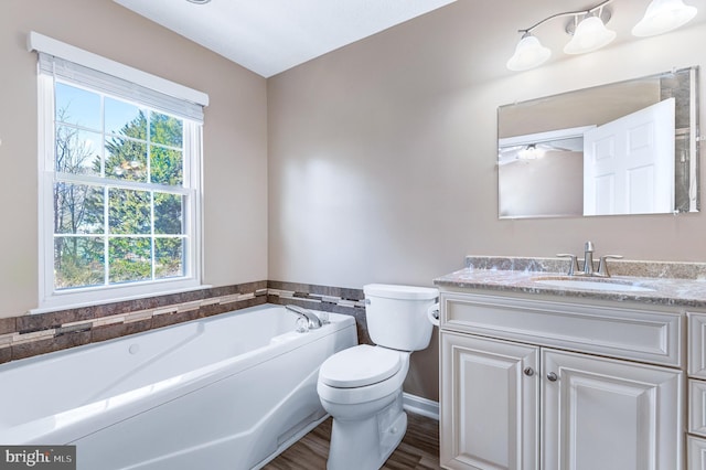 bathroom featuring toilet, wood finished floors, a bath, and vanity