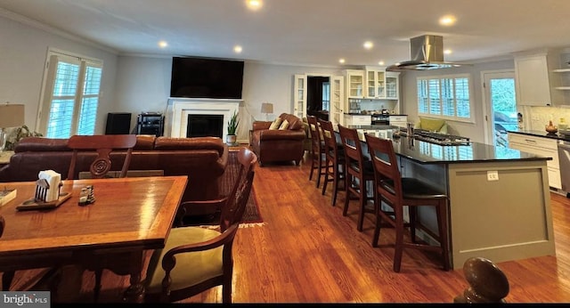 kitchen with white cabinets, a kitchen breakfast bar, island exhaust hood, and a kitchen island with sink