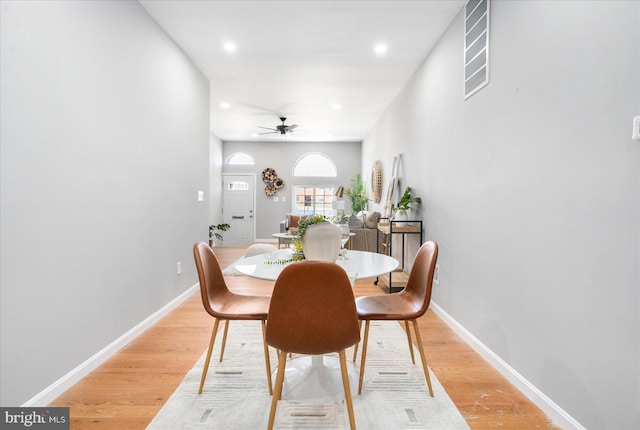 dining room featuring ceiling fan and light hardwood / wood-style floors