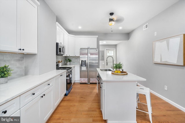 kitchen with decorative backsplash, white cabinetry, stainless steel appliances, and an island with sink