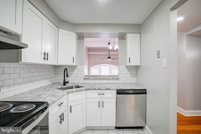 kitchen with light stone counters, ceiling fan, sink, dishwasher, and white cabinetry