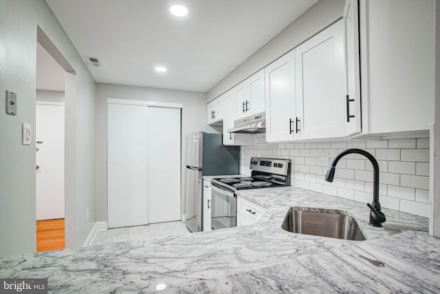 kitchen featuring white cabinetry, sink, light stone countertops, stainless steel electric stove, and decorative backsplash