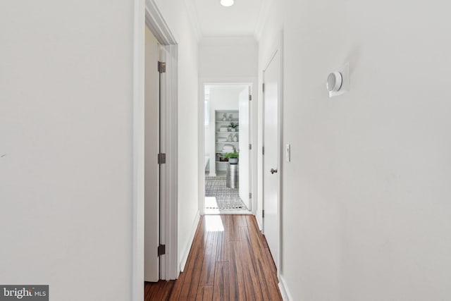 hall with dark hardwood / wood-style flooring and ornamental molding