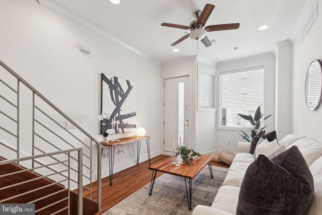 living room with hardwood / wood-style floors, ceiling fan, and crown molding