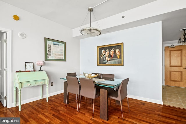 dining space with a chandelier and wood-type flooring