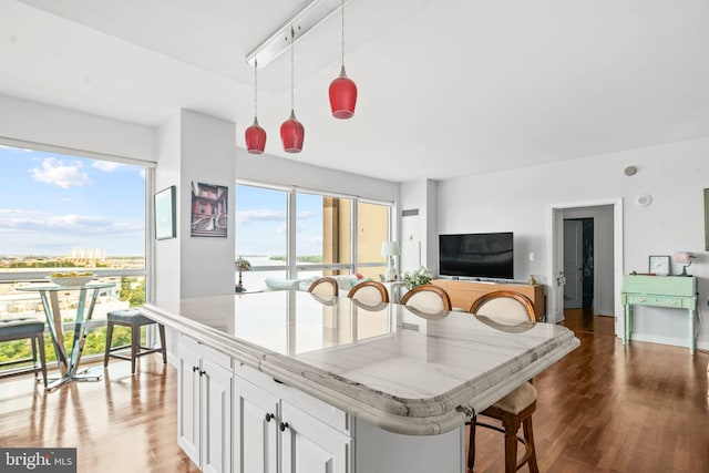 kitchen with a kitchen bar, pendant lighting, white cabinetry, and wood-type flooring