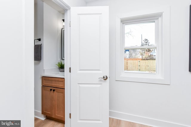 bathroom with vanity, hardwood / wood-style flooring, and plenty of natural light