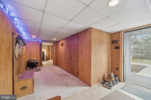 interior space with light colored carpet and wood walls