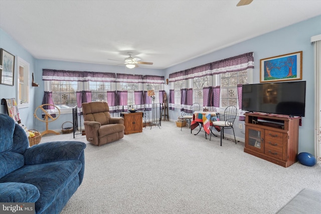 living room with ceiling fan and carpet floors