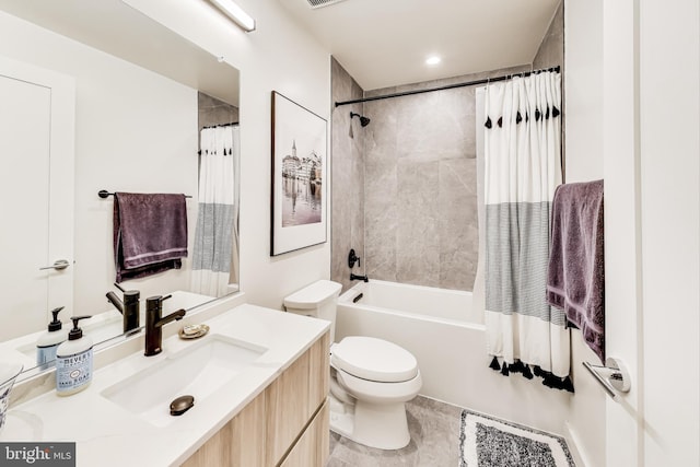 full bathroom with toilet, vanity, and shower / bathtub combination with curtain