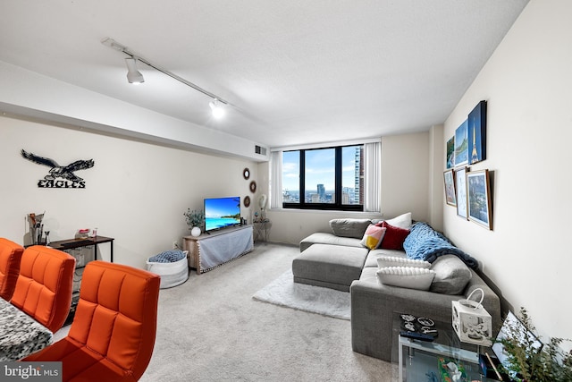 carpeted living room featuring track lighting