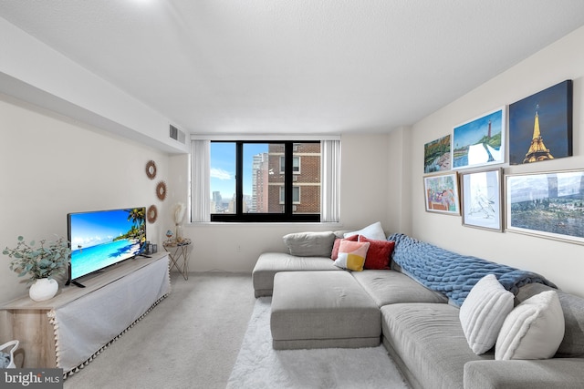 living room featuring light carpet