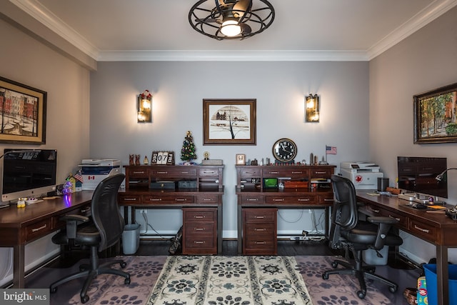 home office featuring ceiling fan, hardwood / wood-style flooring, and crown molding