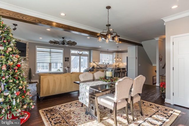 dining room with dark wood-type flooring, ceiling fan with notable chandelier, and ornamental molding