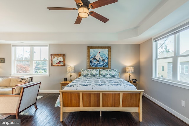 bedroom with ceiling fan, multiple windows, dark hardwood / wood-style floors, and a raised ceiling