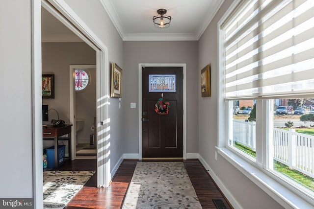 entryway featuring dark wood-type flooring and crown molding