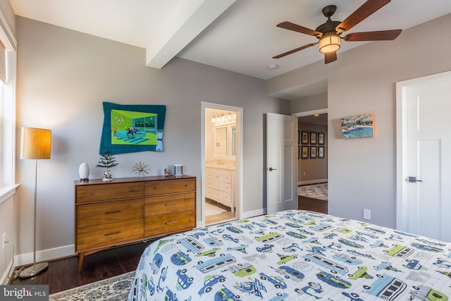 bedroom with ceiling fan, ensuite bath, sink, beamed ceiling, and dark hardwood / wood-style flooring