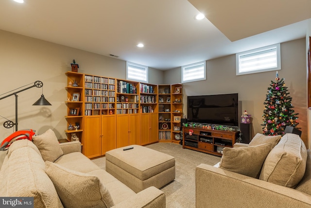 living room with light colored carpet