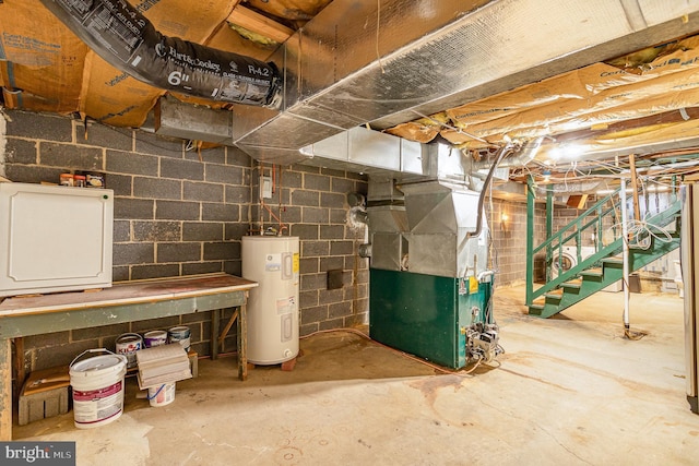 unfinished basement with electric water heater, stairway, and heating unit