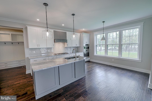 kitchen with a sink, ornamental molding, custom exhaust hood, dark wood-style floors, and tasteful backsplash