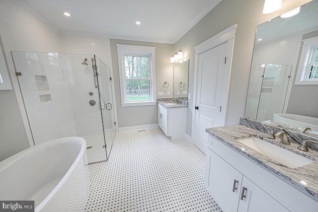 bathroom with a stall shower, two vanities, a freestanding tub, and a sink