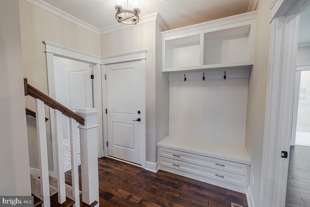 mudroom with ornamental molding and dark wood-style flooring