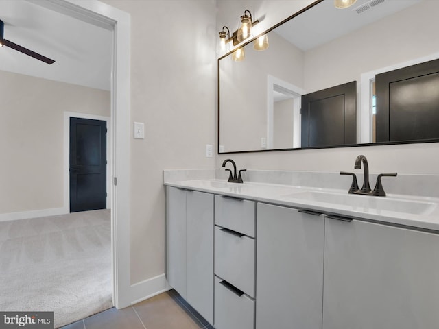 bathroom featuring tile patterned flooring, ceiling fan, and vanity