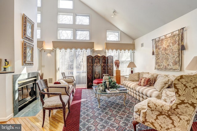 living room with a fireplace, a towering ceiling, plenty of natural light, and hardwood / wood-style flooring