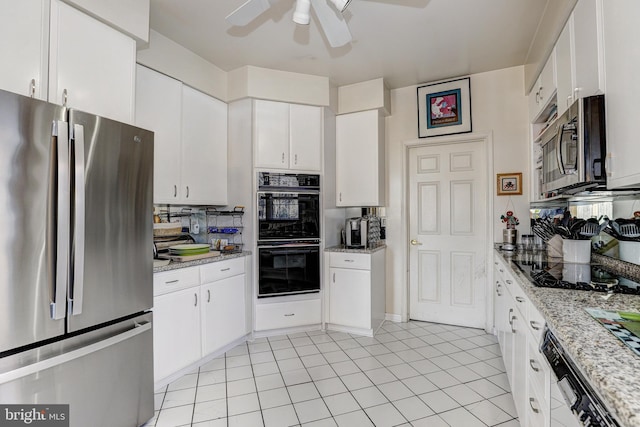 kitchen with white cabinetry, ceiling fan, black appliances, and light stone counters