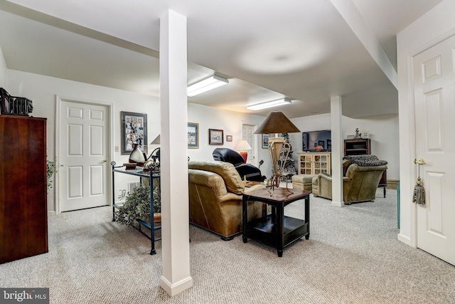 living room featuring light colored carpet