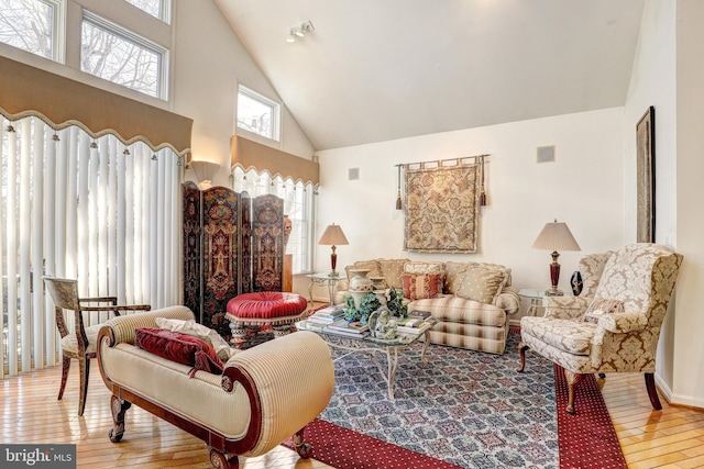 living room with high vaulted ceiling and hardwood / wood-style flooring