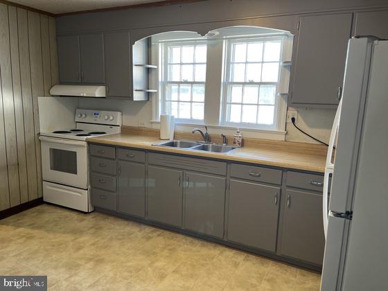 kitchen with sink, white appliances, wood walls, and gray cabinets