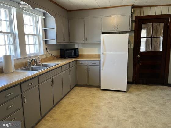 kitchen with sink, ornamental molding, white fridge, and gray cabinetry