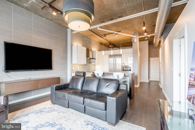 living room with sink, dark wood-type flooring, and rail lighting