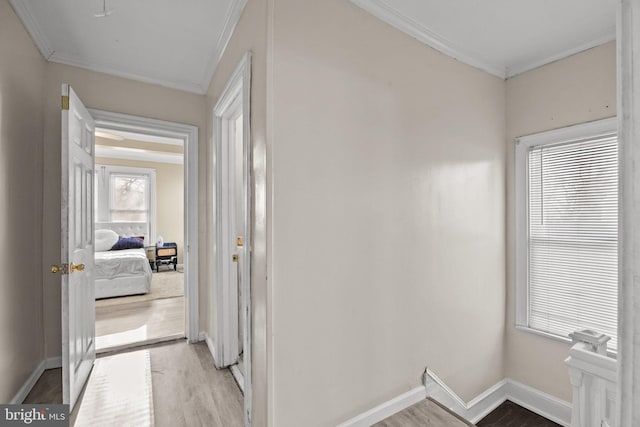 corridor with crown molding and light wood-type flooring