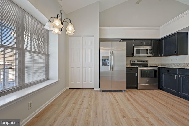 kitchen with decorative light fixtures, an inviting chandelier, light hardwood / wood-style floors, light stone countertops, and appliances with stainless steel finishes