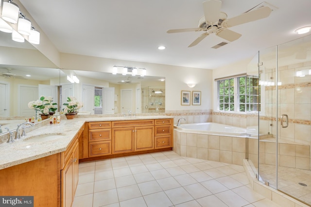 full bath with a garden tub, vanity, visible vents, tile patterned floors, and a stall shower